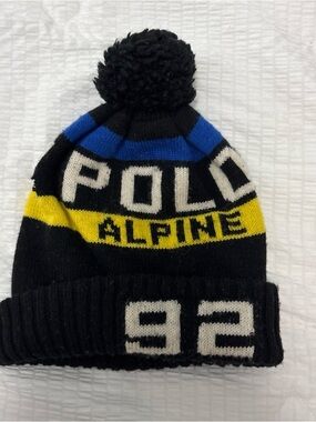 Ralph Lauren Black Pom Pom Beanie with Yellow & Blue Stripes